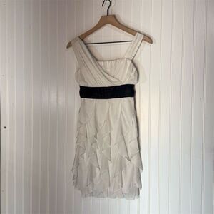 Sequin Hearts White Chiffon Ruffle Mini Dress Black Waist Bow 16 Formal Goth Y2K